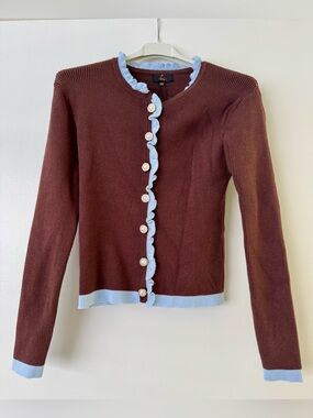 Wise & Pretty Long Sleeve Button Front Brown Sweater with Blue Ruffled Edge